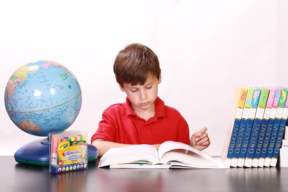 a boy is reading books