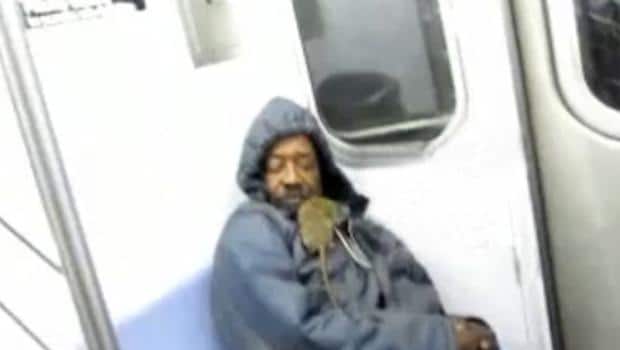 rat is scurrying over someone's body in NYC subway train