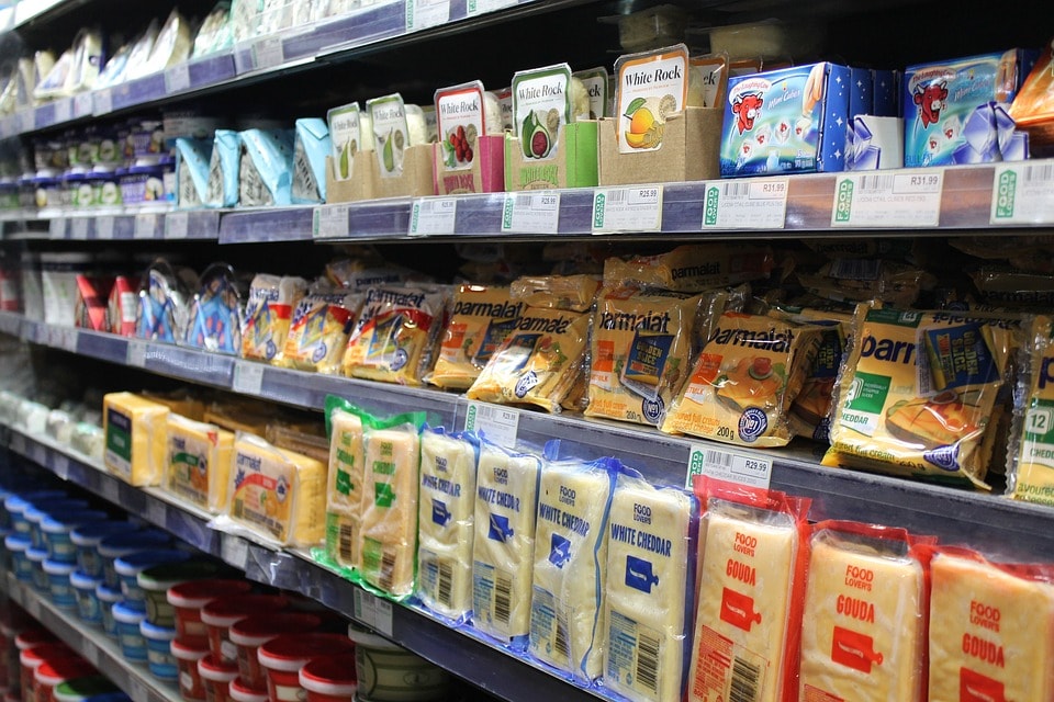 processed foods on supermarket display